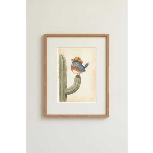 Cowboy Bluebird on Cactus Print, Vintage Western Nursery Wall Art, Boys Room Watercolor Poster, Digital Download Printable