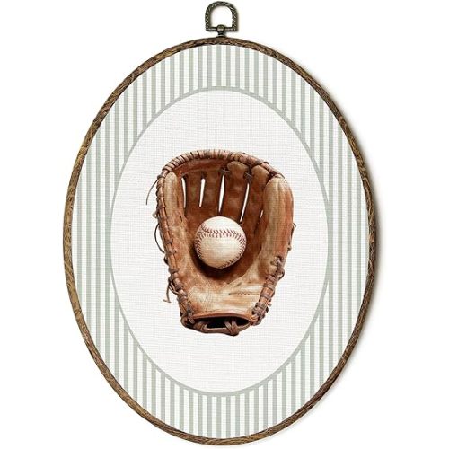 OINDADE Vintage Baseball Oval Wall Art Decor, Boy Nursery Wall Art Hanging Decor, Vintage Sports Nursery Decor, Baseball Lover Gifts Retro Glove Framed Canvas Artwork for Boys Room, 8.8x11.5in