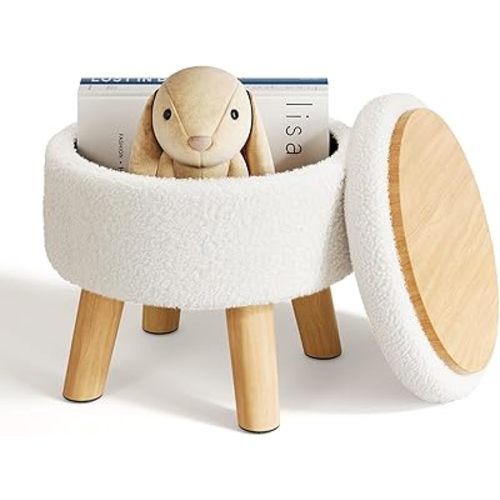 Small Ottoman Footrest, White Boucle Foot Stool, Round Pouf Ottoman with Storage, Teddy Velvet Foot Rest for Couch, Living Room, Nursery, Small Coffee Table Ottomans Stool