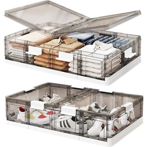 Kitstorack 2 Pack Cajas de Almacenamiento de Plástico Debajo de la Cama con Tapas y 8 Ruedas Pre-instaladas, Contenedores Debajo de la Cama de Perfil Bajo y Rodantes para Ropa y Zapatos, 37.8 Qt