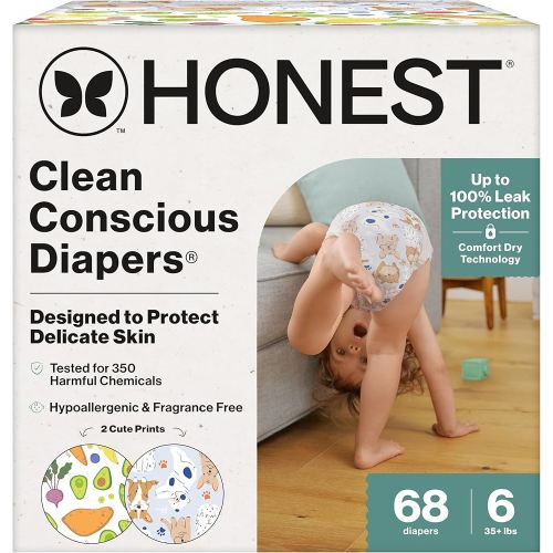 The Honest Company Clean Conscious Diapers for Delicate Skin | Up to 100% Leakproof | Hypoallergenic, Fragrance Free | Gender Neutral | Super Club Box, Size 6 (35+ lbs), 68 Count (Prints May Vary)