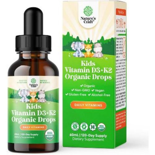 Kids Vitamin D3 K2 Drops, Organic Vitamin D for Strong Bones & Joints, Infants, Babies & Toddler Immunity Liquid Supplement, Nature's Craft, 60ml