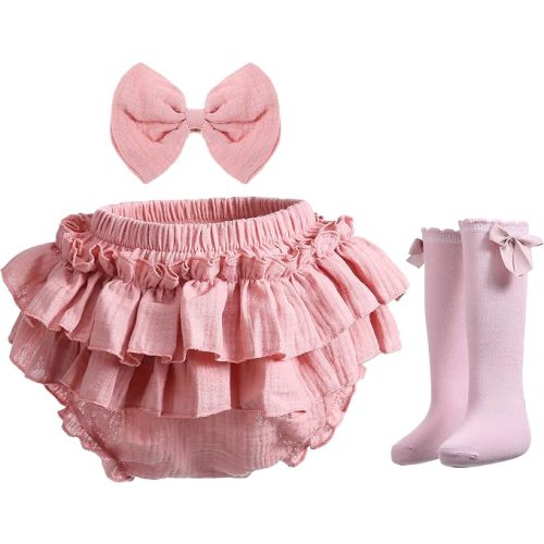 Newborn Infant Baby Girl Cotton Bloomers and Bows Toddlers Ruffle Shorts Diaper Covers Headband Set