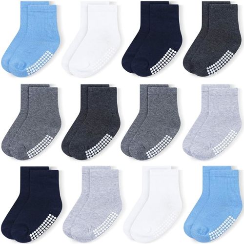JAKIDAR 12 Pack Baby Toddler Socks Non Slip Grip Cotton Crew Socks for Boys Girls Infants Kids