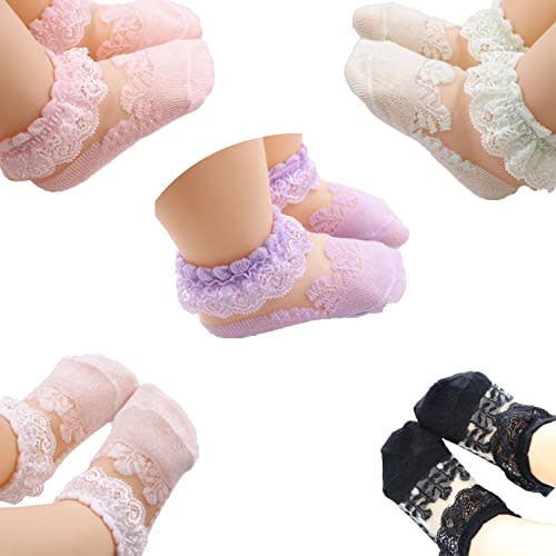 Toddler Girl Ruffle Socks Baby Double Lace Socks Turn Cuff Shimmering Big Ruffle Rainbow Socks for Infant Kids 5 Pairs