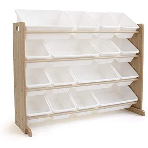 Alivinghome 4-Tier Playroom Toy Storage Organizer Shelves with 16 Easy-to-Clean Plastic Bins,Kindergarten Baby Toy Chest Finishing Box Rack (Natural)