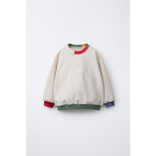 CONTRAST RIB EMBROIDERED TEXT SWEATSHIRT - Beige | ZARA United States
