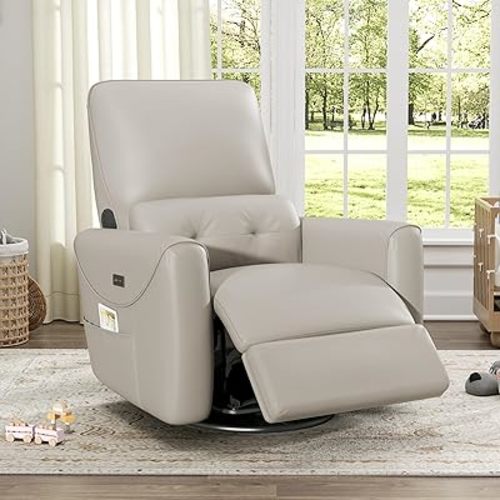KINGYES Swivel Power Recliner, Glider Rocking Chair for Nursery, 270° Swivel Nursery Rocking Chair, Bluetooth Speaker & USB-C Port, Electric Faux Leather Recliner Sofa Chair for Breastfeeding, Gray