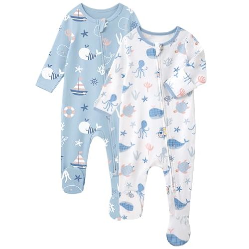 Baby Sleepers 100% Cotton Footie Pajamas, Newborn 0-3 3-6 6-9 Months with 2-Way Zipper, 2pcs PJs Baby Boy Clothes