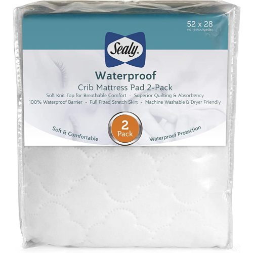 Sealy 2-PACK Waterproof Fitted Toddler and Baby Crib Mattress Pad Cover Protector - 52" x 28" - White