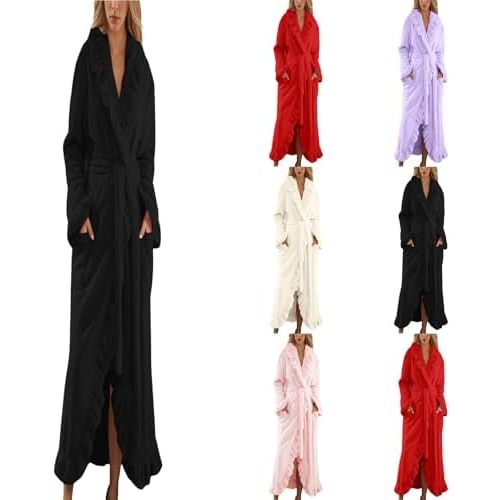 Rtdyvyuhb Robes For Women Long Length Soft Ruffle Hem Loungewear Bathrobe Cozy Flannel Robe Sleepwear Bathrobes With Pockets
