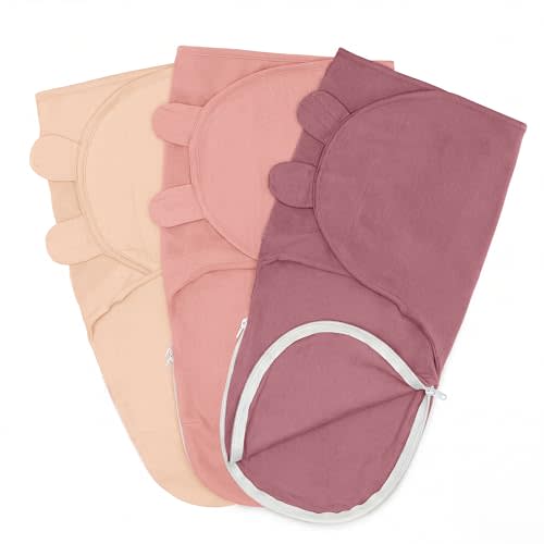 Comfy Cubs Easy Swaddle Blanket with Zipper Closure, 3 Pack - 100% Cotton Newborn Wrap, Small for 0-3 Months Infants, Breathable and Durable Sleep Sack for Babies - Light Blush, Blush & Mauve