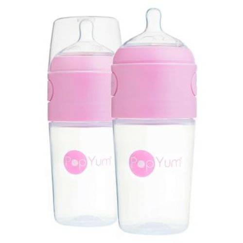 PopYum 9oz Anti-Colic Baby Bottle for Breast and Formula Feeding, 2-Pack, Pink, #2 Medium Flow Nipples
