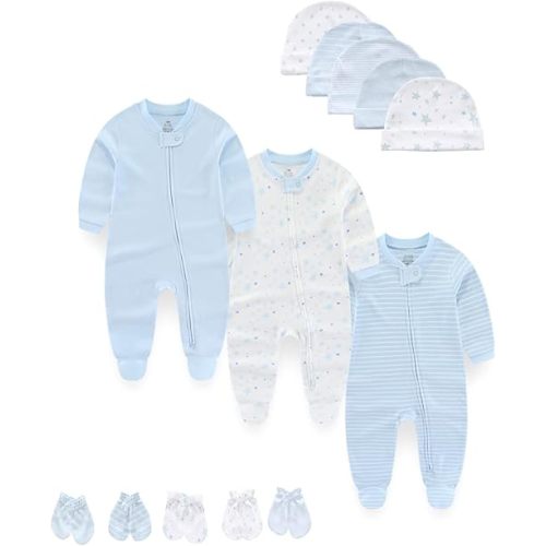 Baby Boy Girls Clothes 2-Way Zip Footed Long Sleeve 100% Cotton,Newborn Caps and Scratch Mittens Set 0-6 Months