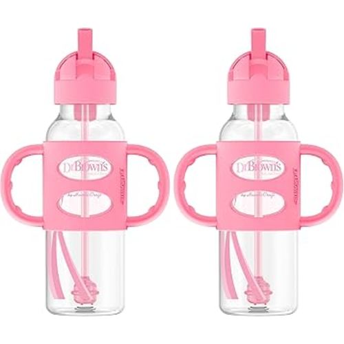 Dr. Brown's Milestones Narrow Sippy Straw Bottle, Spill-Proof with 100% Silicone Handles and Weighted Straw, 8 oz/250 mL, Pink, 6m+ (Pack of 2)