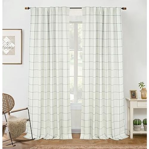 DriftAway 2 Panels 100% Blackout Windowpane Plaid Linen Curtains Double Layer Drapes for Bedroom 90 Inches Long Farmhouse Thermal Insulated 3.25 Inch Rod Pocket Back Tab for Living Room Navy Blue