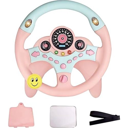 Kids Steering Wheel Toy for Car Backseat with Light and Music,Pink