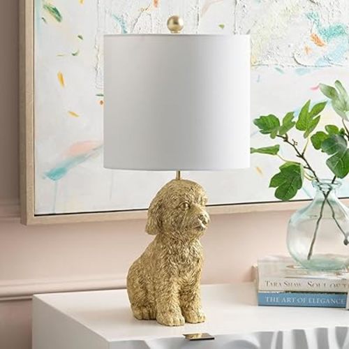 Crestview Collection 24" Golden Doodle Dog Resin Table Lamp, Desk Lamp w/White Linen Shade,Cute Bedside Lamp for Bedroom,Nightstand Lamps for Living Room,Unique Aesthetic Home Room Decor