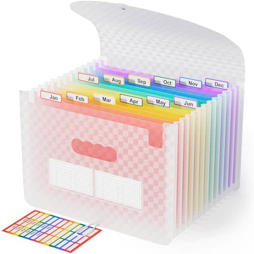 ABC life 12 Pockets Accordion File Organizer Expanding File Folders, Portable Monthly Bill Receipt Document Organiser, Expandable Accordian Filing Folder Letter A4 Size, Colored Tabs (Pink) | Portable Monthly Bill Receipt Document Organiser, Expandable...