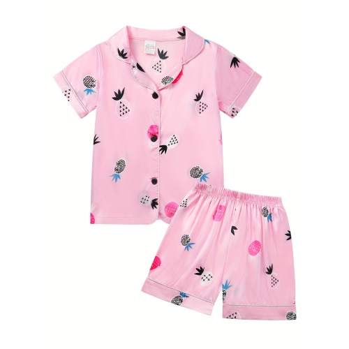 3-4 [Silky Casual Set] 6pcs Girls & Boys Silky Short Sleeve Casual Set - Solid Color Button-Up Top & Shorts, Cartoon Clothes for Kids 1-7T, Perfect for Outdoor