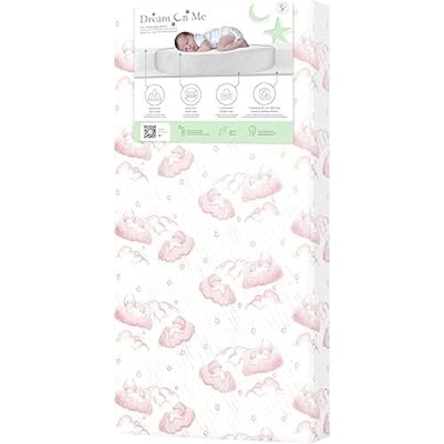 Dream On Me 2 in 1 Serene Snooze Crib and Toddler Mattress in Pink Cloud