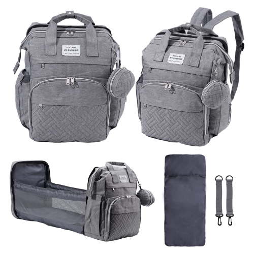 Lumikrypt Baby Diaper Bag Backpack, Multifunctional Waterproof Baby Diaper Bag, with Foldable Baby Bed and Insulated Bottle Bag, with Changing Pad, Baby Portable Bag, Unisex, Gray