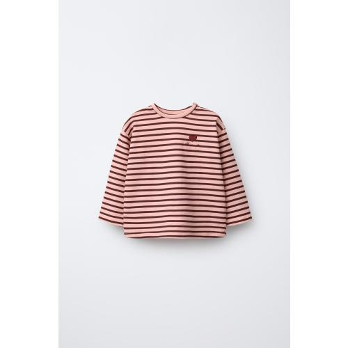 STRIPED T-SHIRT WITH EMBROIDERED HEART - Pink | ZARA United States