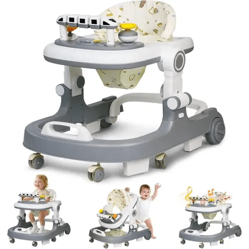 Baby Walker with Wheels, 4 in 1 Foldable Baby Walkers for Boys Girls 6-18 Months, 3 Level Height Adjustment with Bouncing, Feeding Tray & Music, Baby Walker with Activity Center, Toddler Push Walker
