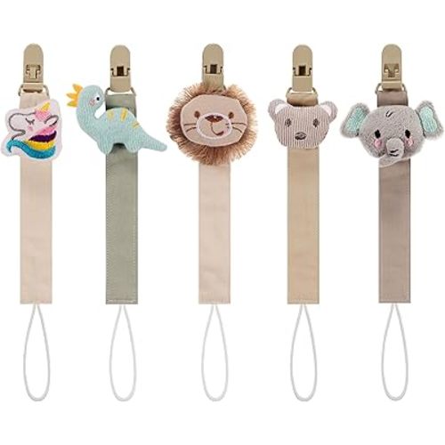 Baby's Breath 5 Pack Animal Pacifier Clips with Adjustable Strap (14.5-18.3 in) – Cute Unicorn Lion Elephant Dinosaur Koala Design, Soft Textile Baby Holder Set for Boys Girls, Neutral Colors