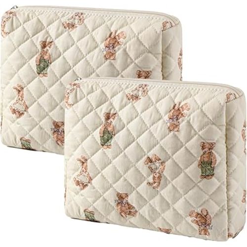 Quilted Cotton Makeup Bag 2Pcs Coquette Cosmetic Bag,Large Soft Floral Travel Toiletry Bag for Women and Girls (01Bear)