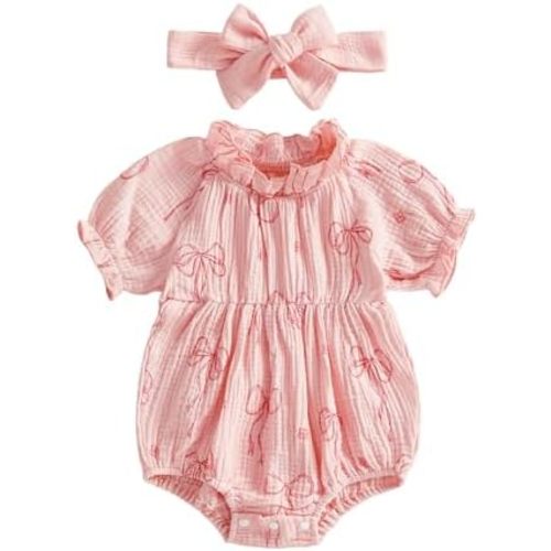 Newborn Baby Girl Clothes Bow Print Smocked Bubble Romper Cotton Linen Ruffle Onesie + Headband Cute Summer Clothes