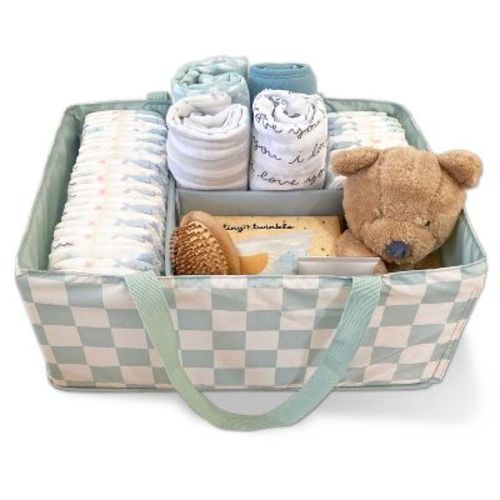Tiny Twinkle Diaper Caddy Organizer | Foldable Baby Storage Basket with Removable Divider, Waterproof Fabric for Newborn Essentials (Sage Checkers)
