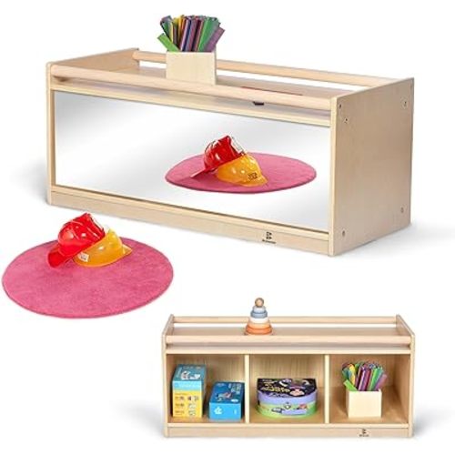 Toddler Toy Storage w/ Mirror Back, Baby Preschool and Daycare Cubbies w/ 2 Top Holding Handrail, Little Kids Tummy Time Furniture, Home, Classroom, Montessori Book Browser (1 Tier w/ Mirror Back)