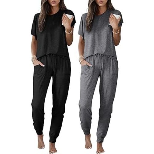 Ekouaer 2 pack Pajama Sets for Womens Jogger Pants Pjs Short Sleeves Lounge Set Soft Sleepwear with Pockets