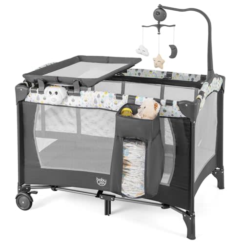 BABY JOY 3 in 1 Pack and Play, Portable Baby Playard with Bassinet, Changing Table, Lockable Wheels, Glowing Music Box, Travel Baby Crib Bassinet Bed from Newborn to Toddler