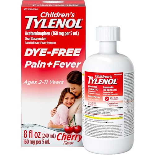 Children’s Tylenol Dye-Free Acetaminophen Oral Suspension, Cherry, 8 fl. oz | Liquid Pain Relief, Fever Reducer for Kids, Alcohol-, Paraben-, and Ibuprofen-Free, Measuring Cup for Dosing