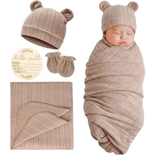 DRESHOW BQUBO Newborn Receiving Blankets for Baby Girl Boy Swaddle with Bear Hat No Scratch Mittens Announcement Card Set for 0-3 Months