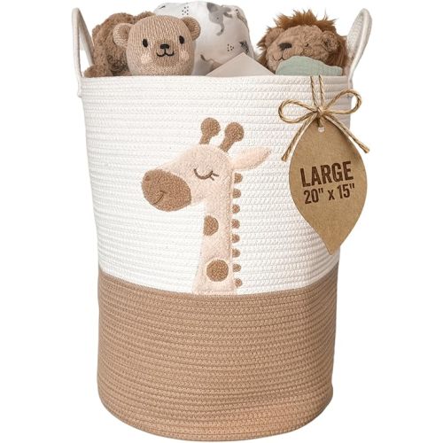 Baby Laundry Basket & Nursery Hamper – 20"x15" Large Giraffe Baby Hamper for Nursery Decor, Tall Woven Rope Dirty Clothes Laundry Hamper with Handles, Safari Animal Baby Room Storage Bin (White & Tan)