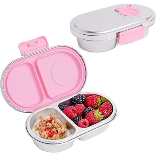 Good Bare Stainless Steel Snack Container for Kids – 2 Compartment Metal Bento Box, Leakproof, Non-Toxic, Easy-Open Latch, Dishwasher Safe, Small Snack Pack, Perfect for On-the-Go (Sweet Pink)
