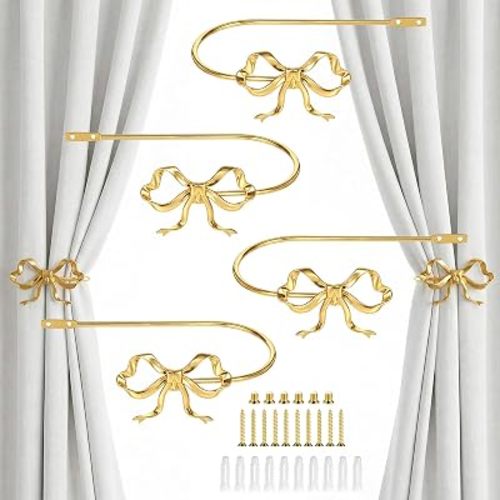 4 PCS Gold Bow Curtain Tiebacks, Gold Curtain Holdbacks Wall Mounted Curtains Tieback Decorative Hooks Curtains Holders with Screws for Living Room, Bedroom and Office