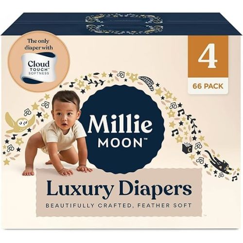 Millie Moon Luxury Diapers – Ultra Soft Cloud Touch Disposable Diapers with 12 Hour Absorbency & Wetness Indicator (4-66ct)