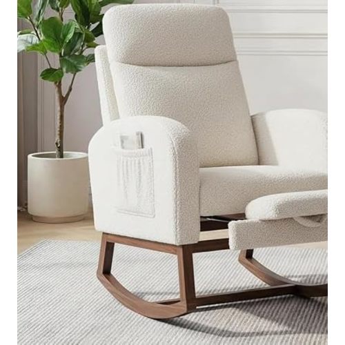 GarveeLife Nursery Rocking Chair,300lb Glider Chair with Solid Wood Legs/Two Side Pockets,Teddy Upholstered Glider Rocker with Footrest High Backrest for Living Room/Bedroom/Nursery