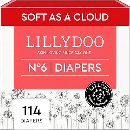 LILLYDOO Baby Diapers - Size 6 (29+ lbs), Monthly Supply (114 Count), Leak Protection, Skin-Friendly, Ultrasoft, Perfume- & Chlorine-Free, Hypoallergenic, Dermatologist Tested, Oeko-TEX®