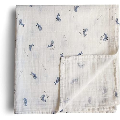 mushie Muslin Baby Swaddle Blanket | 100% Organic Cotton (Whales)
