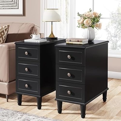 Tribesigns Solid Wood End Table Set of 2, Fully Assembled Narrow Side Table with Drawers, Pre-Assembled Nightstand Slim Bedside Table for Small Spaces, Living Room, Bedroom, Black