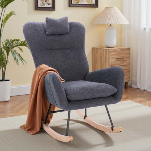 Upholstered Rocking Chair, Teddy Fabric Glider Rocker with High Backrest,Modern Rocking Accent Chair for Living Room, Nursery, Bedroom, Dark Gray