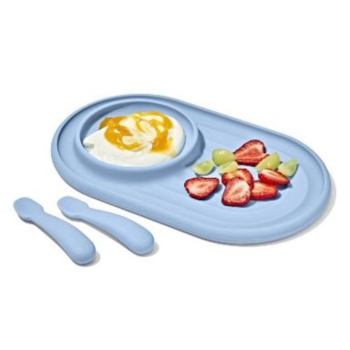 OXO Tot 3pc Silicone Textured Suction Plate & Spoons Baby Feeding Set - Dusk