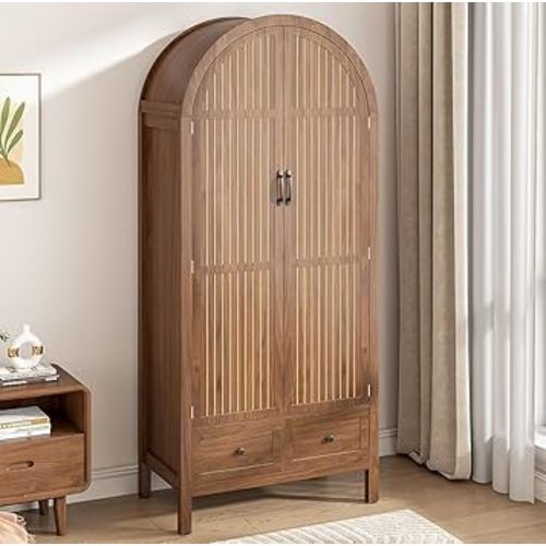Wardrobe Closet, Modern Armoire Wardrobe Closet with Drawers and 2 Arched Fluted Doors, 70.87‘’ Tall Wooden Bedroom Armoires with Shelves and Hanging Rod (1, Walnut)