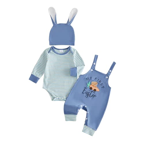 Baby Boy Easter Outfit Newborn Stripe Romper+Bunny Overall Pants+Hat Infant Boys First Easter Outfit