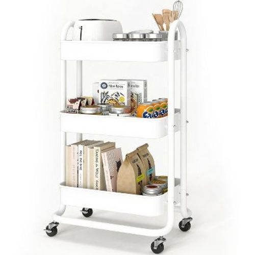 3-Tier Rolling Utility Cart with Removable Top Tray, Metal Kitchen Serving Cart with Lockable Wheels, Matte Black